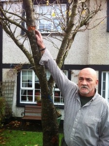 Alan Coyle points to the tree outside his home which was hit by a device or shrapnel from a bomb. Pic copyright Donegal Daily.  