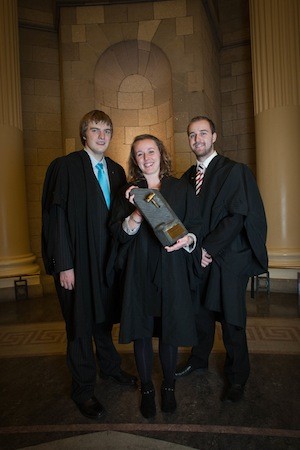 Delighted winners of Bréagchúirt Uí Dhálaigh Gael Linn 2013, the annual Irish language moot court held in the Four Courts recently ( Friday, 8 November 2013 ) are the team from University College,Dublin ( left to right ) Peadar Ó Lamhna, Aoibhinn Nic Cionnaith and Simon Mac Giolla Easpaig.