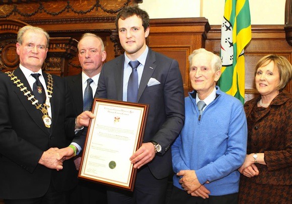 Michael Murphy woth Mayor Ian McGarvey, his father Mick, mother Mary and grandfather Joe Hutchinson.