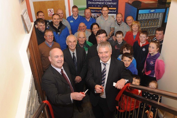 Cllrs Paddy Mc Gowan and Martin Harley cuts the ribbon to officially open the NewCamp Gym watched by John Starrett, Vice Chairman, DLDC and Leader Project Officer Martian Whoriskey, Gym Instructors and members of the committee and Gym Members . Photo by Gerard Mc Hugh