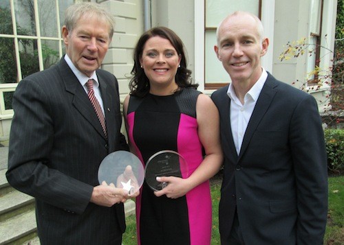 Killybegs driving instructor, Diane Harvey, who has become the first Approved Driving Instructor in the country to win a Road Safety Authority "Leading Lights" award in two successive years, pictured here with Mícheál Ó Muircheartaigh and Ray D'Arcey after receiving the award at a ceremony in Farmleigh.