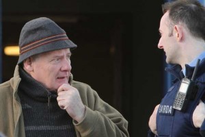 Well known actor Gerard McSorley chats to a Garda as he left a previous sitting  Letterkenny District Court.  (NewspixIrl)