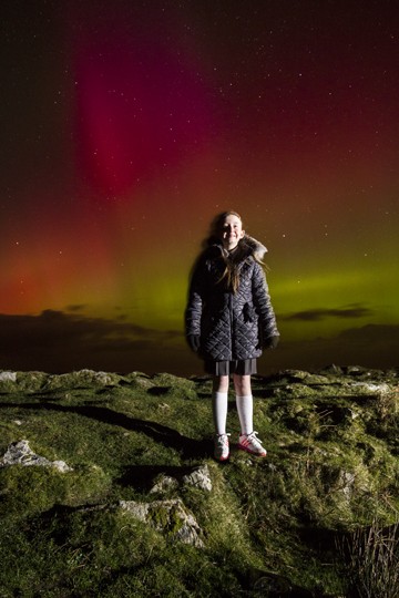 Caitlin Mc Eleney-O'Kane, age ten from Derry out with dad Gerard O'Kane to view the Northern Lights tonight.