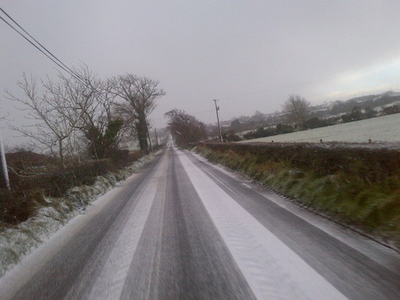 Snow-covered roads at Ballyare outside Ramelton this morning.