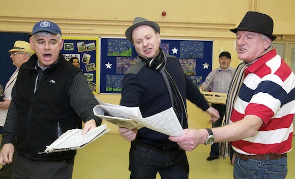Declan Nee (Benny Southstreet), Chris Duddy (Nicely Nicely Johnson) and Kevin Shields (Rusty Charlie) pictured during rehearsals for the forthcoming production of Guys and Dolls in An Grianán Theatre.