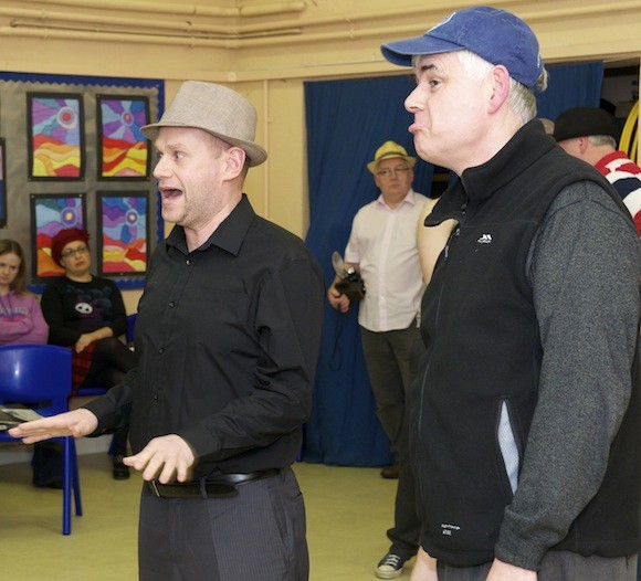 Giles Murray (Nathan Detroit) and Declan Nee (Benny Southstreet) pictured during rehearsals for the forthcoming production of Guys and Dolls in An Grianán Theatre.