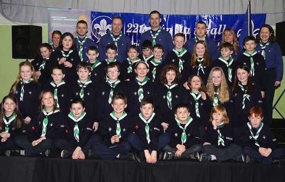 22nd Donegal (Gweedore) Cub Scouts with their leaders including Group Leader Roisin Doherty at their inaugeral Investiture evening.