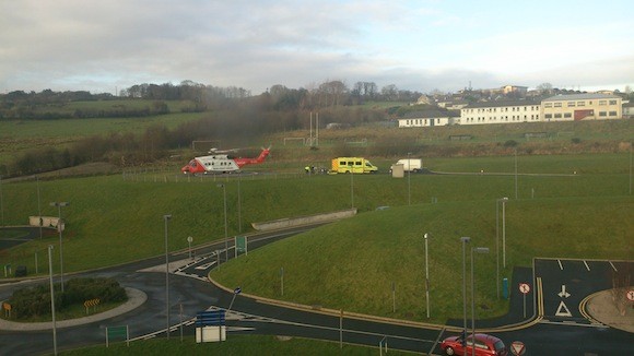 The Irish Coastguard helicopter arrives with the 92 year old woman at Letterkenny hospital.
