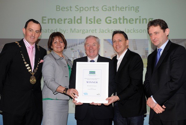 Pictured at the Irish Hotels Federation Conference in in the Knightsbrook Hotel in Trim County Meath where the IHF Gathering Awards were presented on Tuesday were from left, Michael Vaughan, Outgoing President, IHF,  Margaret Jackson and Paul McCormack from Emerald Isle Gathering, Donegal receiving the 'Best Sports Gathering award from Michael Ring, Minister of State at the Department of Transport, Tourism and Sport and Jim Dollard, Executive Director, Electric Ireland. Picture by Don MacMonagle