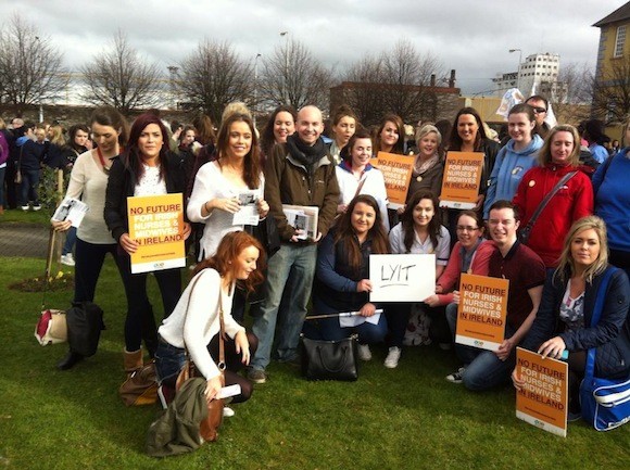 The student nurses from LYIT make their voices heard at the protest yesterday.
