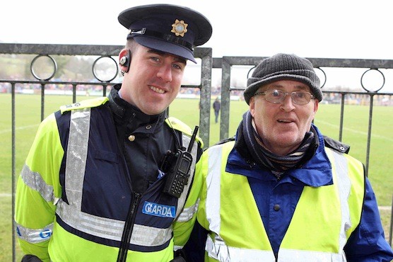 Garda Paul MCGee (Mayo) and retired Garda John Rouse (Sligo) on duty at the O Donnell Park on Sunday. Photo Brian McDaid/Cristeph