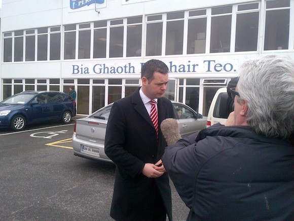 Deputy Pearse Doherty outside the Largo Foods plant today. PIc by Donegal Daily.