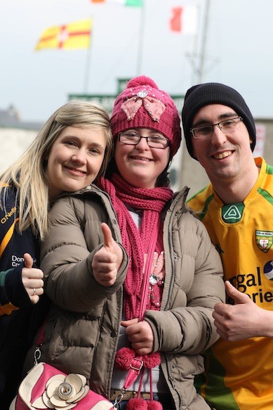 Mary Donnelly, Sinead McDevitt and Seamus McDevitt from Fintown and Ramelton arrived early for the match today between Donegal and Louth in Ballyshannon. Picture by Brian McDaid from Cristeph Gallery. 
