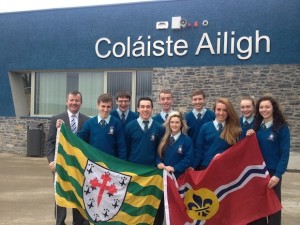 Pupils of Colaiste Ailiagh with principal Micheál Ó Giobúin, 