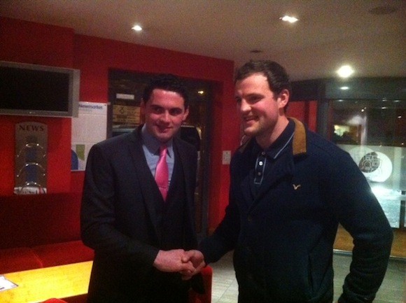 James Pat McDaid is congratulated by his friend Michael Murphy at last night's launch.
