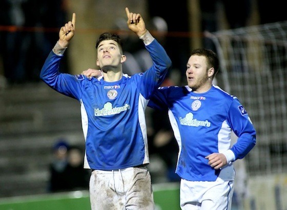 Harps striker Ruairi Keating celebrates after a fine performance which was rounded off with a goal against Cobh Ramblers. Pic by Gary Foy.