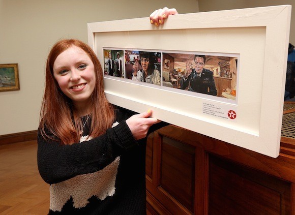  Cáitríona McClay (16), a student at Loreto Community School, Milford is a winner in this year's 60th Texaco Children's Art Competition. She is pictured with her prize-winning painting entitled ‘Pulp Fiction’. The picture was taken at a function to announce the top winners held in the Dublin City Hugh Lane Gallery.