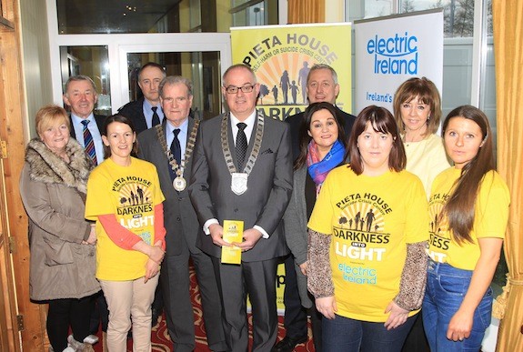  From Left to Right: Tena Quigley, Stephen Shevlin, Julie McNamee, John McGroary, Cllr Ian McGarvey, Donegal County Mayor, Cllr Paschal Blake, Letterkenny Town Mayor, Kevin Molloy, representing the sponsor Electric Ireland, Patricia Wilson, Anastacia Roche Joan Freeman CEO and founder of Pieta House and Donna Maskery (nee Scott) 