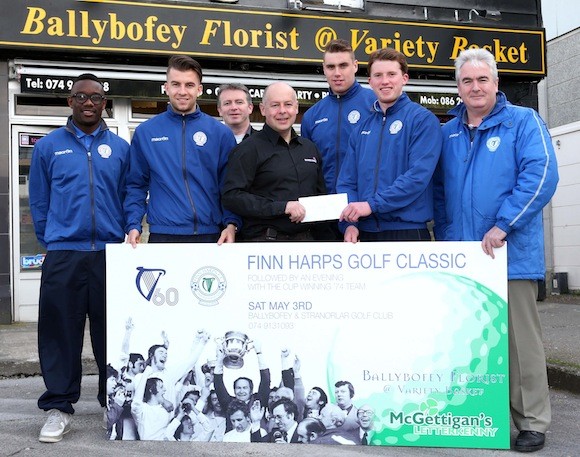  Photo courtesy of Gary Foy: Finn Harps Golf Classic and evening with Cup Winning 74 players to take place at B&S Golf club on May 3rd.  Event Sponsor John Griffin of Ballybofey Florist @Variety Basket looking forward to the day along with Harps players Carel Tiofack, Graham Fisher, Conor Winn & Pat McCann. Also present are James Rodgers and Aidan Campbell of Finn Harps. 