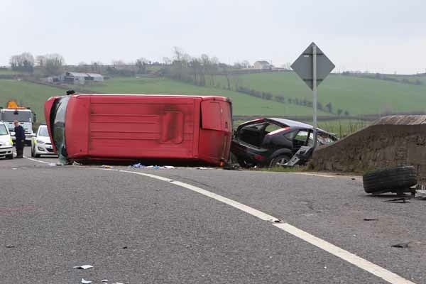 The overturned Transit Van and Ford Focus which were involved in a collision at Tullyrap Bridge on the Lifford to Letterkenny road this morning. (NW Newspix)