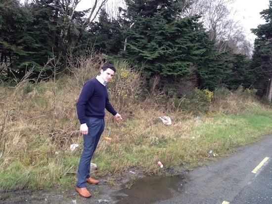 James Pat McDaid shows some of the litter around Donegal's hedgerows.