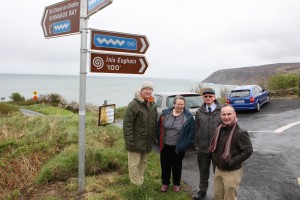 Neil Mc Cormack, Liam Cunningham Toni Devine and David Simpson walk along the long Glen Road near Kinnagoe Bay where the the purposed wind turbines are planed for in Co Donegal. Photo Brian McDaid/Cristeph
