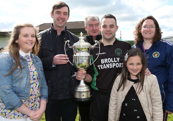 Brian Mc Cormick pictured presenting the Cup to Kieran Brennan captain of Castlefin Celtic. Included are League Executive members Terry Leyden and Christina O' Donnell, Ciara Mc Cormick and Leah Brennan. Pic.: Gary Foy, League PRO