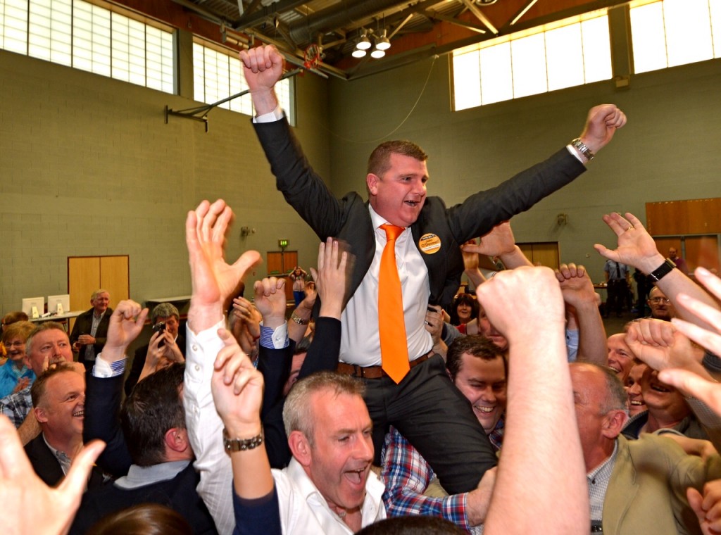 John O'Donnell celebrates after being elected in the Letterkenny electoral area. 