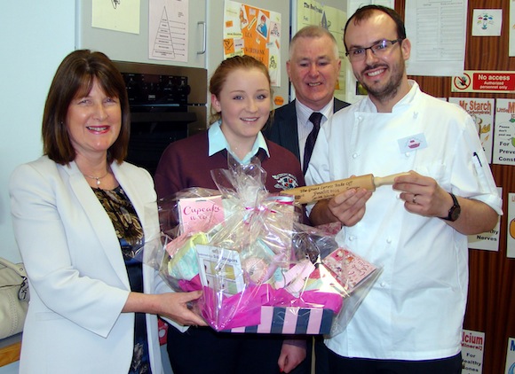 Ms. Blathnaidh Colhoun, Loreto Education Centre, Rebecca Mc Nutt (Junior Winner), Mr. A. Kelly (Principal) photographed with judge, Ian Orr.