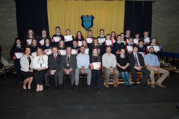 Second year students who received Attendance Awards at the Mulroy College prize giving on Thursday night last wit seated from left Fiona Temple Principal, Karen Patton, Martin Davis, Parmerica, Ian McGarvey, Donegal Mayor, Jason Black, guest Speaker,   Tony McCarry, Parents Committtee, Scatha Farrell, BOM, Peadar Sullivan and Frank Boyce.  Photo Clive Wasson.