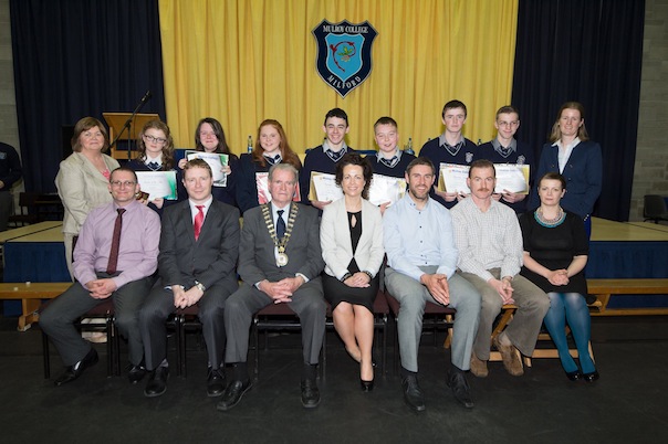 TRansition year students who received awards at the Mulroy College prize giving on Thursday night last Seated from left are  Martin Davis, Parmerica, Ian McGarvey, Donegal Mayor, Fiona Temple Principal, Jason Black, guest Speaker,  Tony McCarry, Parents Committtee and Scatha Farrell, BOM. Back row  Catherine McHugh, Deputy Principal and Aisling McAteer. Photo Clive Wasson.