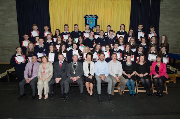 Fifth year studens who recieved awards at the Mulroy College prize giving on Thursday night last with seated from left Brendan Meladey, Catherine McHugh, Deputy Principal Martin Davis, Parmerica, Ian McGarvey, Donegal Mayor, Fiona Temple,Principal, Jason Black, guest Speaker, Tony McCarry, Parents Committtee, Scatha Farrell, BOM, Susan McKelvey and Breda McGettigan. Photo Clive Wasson.