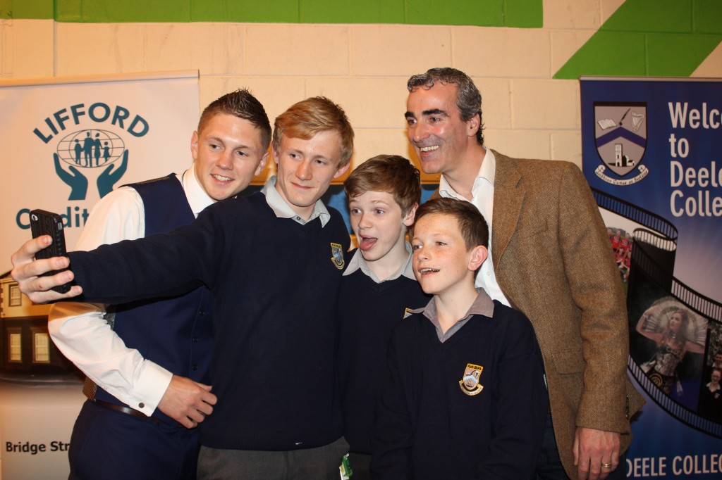 Deele College students taking a selfie with  guest speakers Jason Quigley and Jim Mc Guinness at the schools 2014 Prizegiving Event which was held on Thursday.
