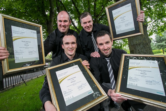 Pictured from left is Ruairi McGee, Ballyshannon, Co. Donegal;Niall McHale, Ballina, Co. Mayo; Gary Lyons, Balla, Co. Mayo ; and Anthony Mannion Ballyshannon, Co. Donegal; and student’s at IT Sligo who  have been named Winners in the 2014 Engineers Ireland Level 7 Innovative Student Engineer of the Year Awards, sponsored by Siemens, for  their project of a Willow Harvester Prototype .Pic:Naoise Culhane
