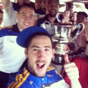 Kilcar captain Mark McHugh celebrates earlier this season when Kilcar won the All-Ireland Gaeltacht title, he'll be hoping he gets his hands on the Dr Maguire later next month.