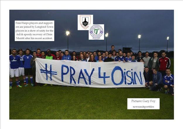 Harps and Longford players join fans in wishing Oisin Merritt a speedy recovery at Finn Park last night. Pic by Gary Foy.