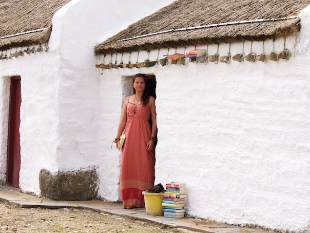 Antonia Leitner from Austria honors well-known Donegal author, Mickey McGowan, at his former family home near Mageroarty beach. 