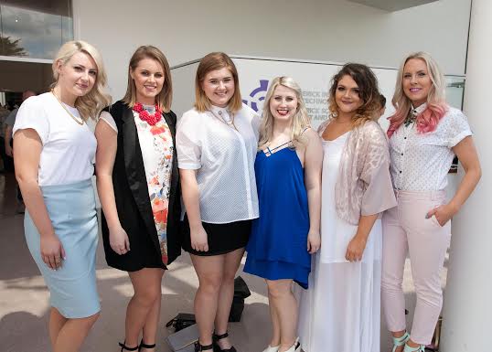 Aisling Magee, Donegal (extreme left) with Ruth Doyle, Kildare, Aideen O'Driscoll, Cork, Maeve Lawless, Galway,  Leanne Ryan, Newmarket on Fergus Clare and Maisie-Kate Kane, Galway,  at the opening of First Light, LSAD Graduate Show 2014 at the Limerick School of Art and Design in Limerick. Pic Arthur Ellis.
