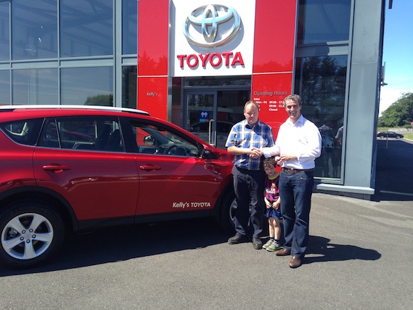 Jim Mc Guinness recieving the keys of his New Toyota Rav 4 courtesy of Kellys Toyota.   Pictured is Jim, his son Mark Anthony and dealer principal Martin Kelly.   Jim Mc Guinness is a brand ambassador for Kellys Toyota  