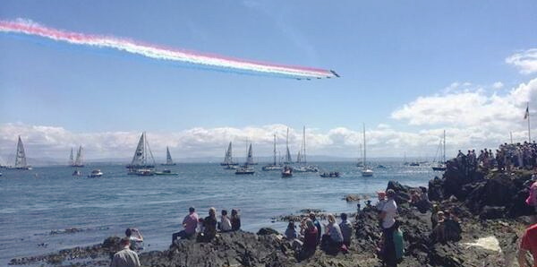 The Red Arrows flying over the Clipper fleet at the start of Race 15 at Greencastle.