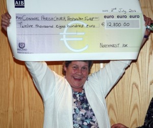Anne Doherty over the moon with €12,800 from the North West 10k which was presented to the Conwal Parish Church Restoration Fund at a function in the Mt Errigal Hotel last night. Photo Cristeph/Brian McDaid