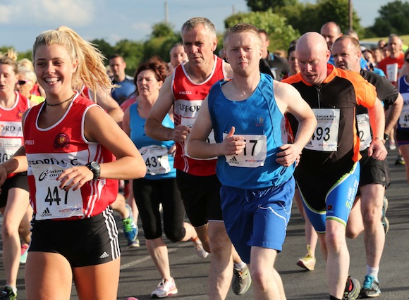 Bright sunshine welcomed the runners and walkers to St. Johnston for this evening's 5K Road Race. Pic.: Gary Foy