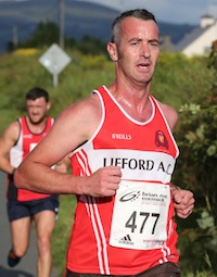 Gary Gallagher of Lifford AC at the half-way point in the St. Johnston 5K Road race. Pic.: Gary Foy