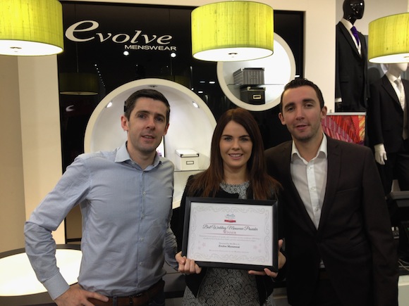 Wedding Hire Manager of Evolve Menswear Louise McPhilemy with JP and Mark McCloskey.