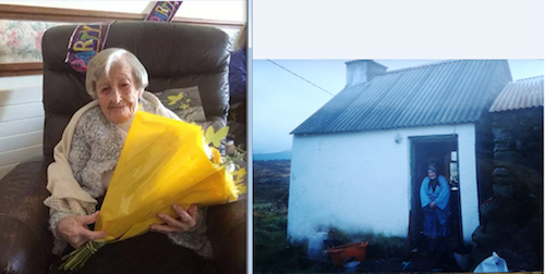 Julia, left, celebrates her birthday this week with flowers and right, sh stands at her home in Rathmullan which she lived in for 104 years.