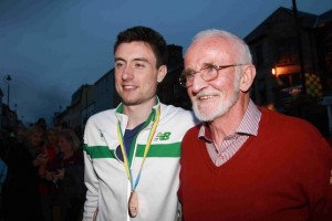 Two legends! Mark is welcomed home by Olympian Danny McDaid. Pic by Brian McDaid of Cristeph Studio.