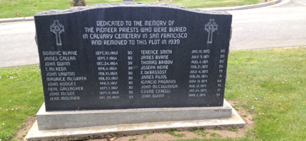 Hugh Gallagher’s name is engraved on the marker at Holy Cross Cemetery, Colma, memorializing pioneer priests buried at Calvary Cemetery in San Francisco and moved to Holy Cross in 1939.