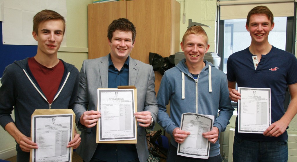 Crana College boys Jack Timlin, Craig Liam Brady, Christopher Duffy and Darragh McDermott happy with their Leaving Cert results.