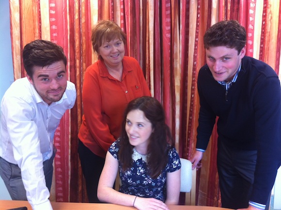 Three medical students / summer research fellows linked to Letterkenny General Hospital, the Donegal Clinical Research Academy and University Hospital Galway who identified new potential techniques to reduce the volume of breast removed during conservative breast cancer surgery, from left: David Sciascia, Dearbhla Hillick and Eoghan Shanley with Alison Johnston, Clinical Research Nurse (standing).