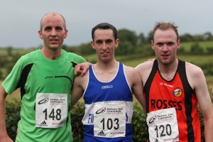 Top three men in the Ballyare 10k L-R Ciaran Mc Gonagle Rosses AC 1st Gerard Gallagher FVAC 3rd Noel Diver Rosses AC 2014 4M1J3679